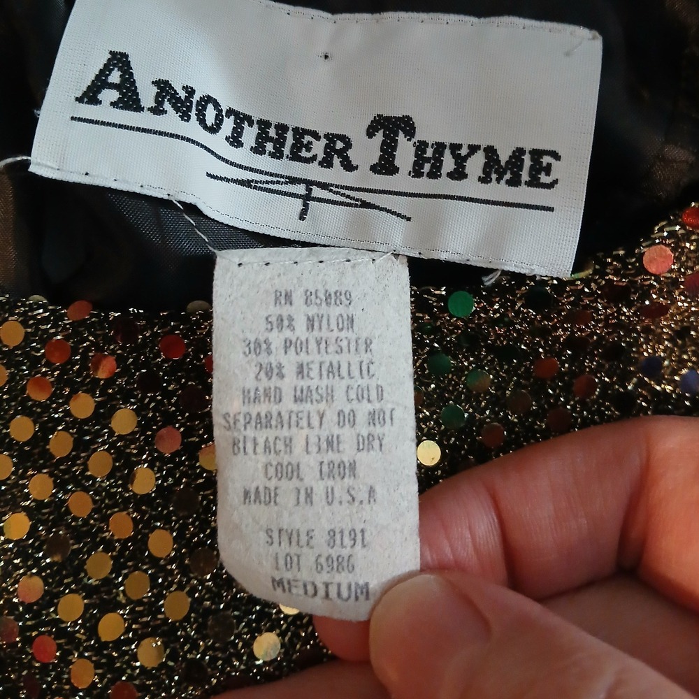 Vtg Another Thyme Medium Metallic Sequin Blouse Gold Multicolor Side Tie - READ - Picture 10 of 11
